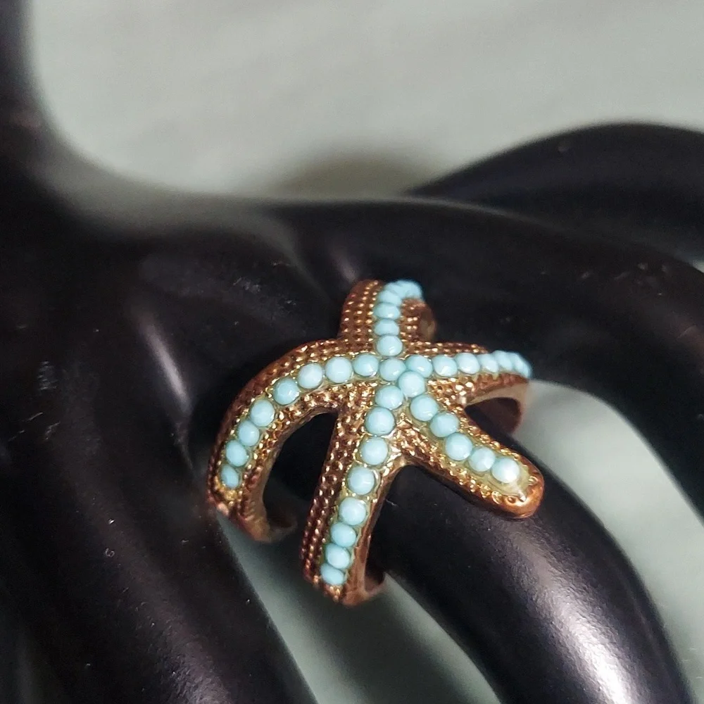 Turquoise Blue Brass Ocean Starfish Open End Ring